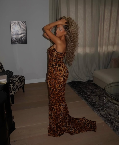 Sexy Leopard Mermaid Sweetheart Neck Long Sweep Prom Dress Evening Dress with Slit SH3810