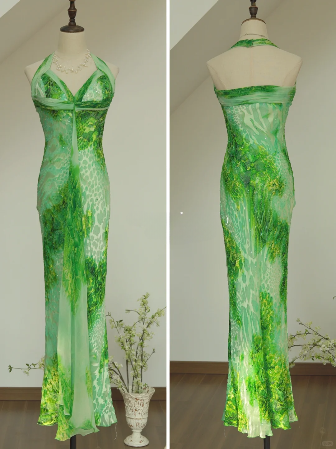 Unique Sheath Halter Green Print Floral Chiffon Open Back Long Prom Dress Formal Dress SH3866