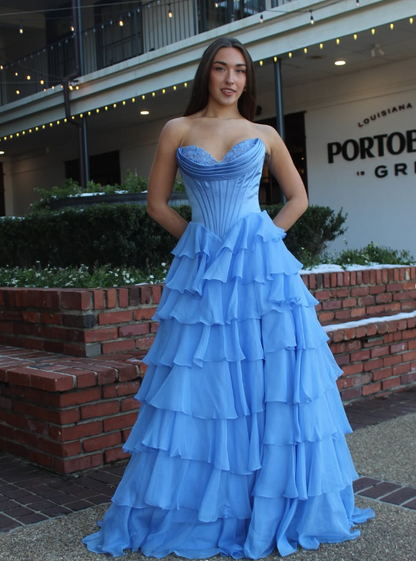 Unique A Line Sweetheart Neck Blue Lace Satin Chiffon Long Prom Dress Evening Dress SH2311