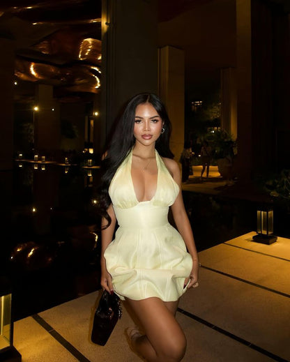Cute A line Yellow Halter Satin Short Summer Birthday Dress Hoco Dress Birthday Outfit 18th Birthday Mini Party Dresses DP1017