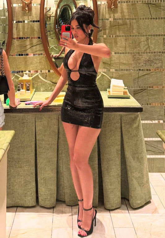 Cute Sheath Halter Black Sequin Short Summer Birthday Dress Hoco Dress Birthday Outfit 19th Birthday Mini Party Dresses DP1018