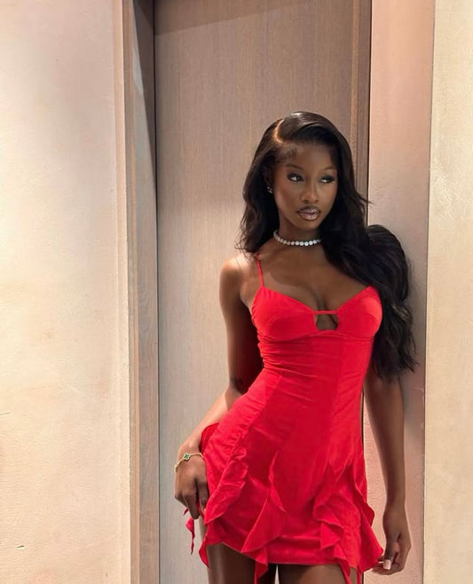 Sexy Sheath Red Chiffon Short Summer Birthday Dress Hoco Dress Birthday Outfit 19th Birthday Mini Party Dresses DP1023