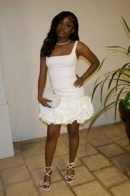 Sexy Sheath Straps White Satin Ruffles Short Summer Birthday Dress Hoco Dress Birthday Outfit 18th Birthday Mini Party Dresses DP1038