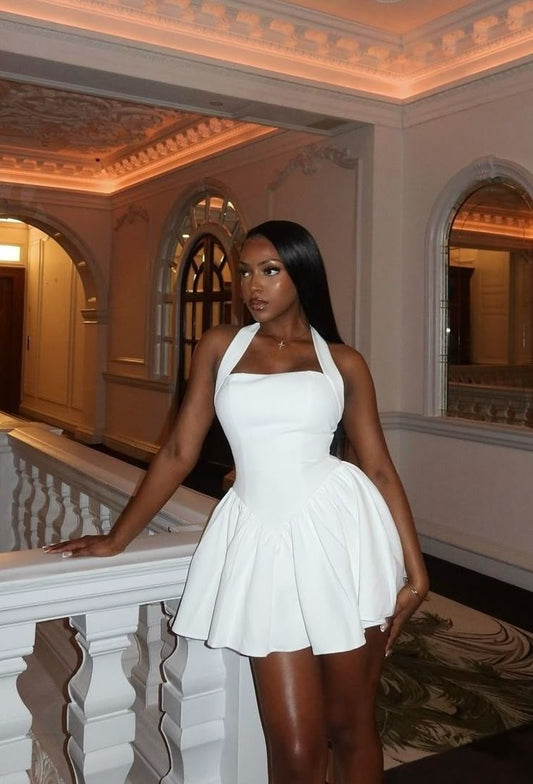 Sexy A Line Halter White Satin Short Summer Birthday Dress Hoco Dress Birthday Outfit 18th Birthday Mini Party Dresses DP1041