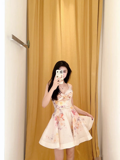 Sexy A Line Spaghetti Straps Pink Floral Short Summer Birthday Dress Hoco Dress Birthday Outfit 18th Birthday Mini Party Dresses DP1051