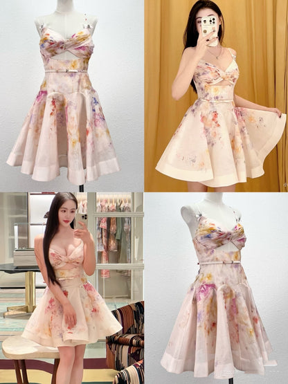 Sexy A Line Spaghetti Straps Pink Floral Short Summer Birthday Dress Hoco Dress Birthday Outfit 18th Birthday Mini Party Dresses DP1051