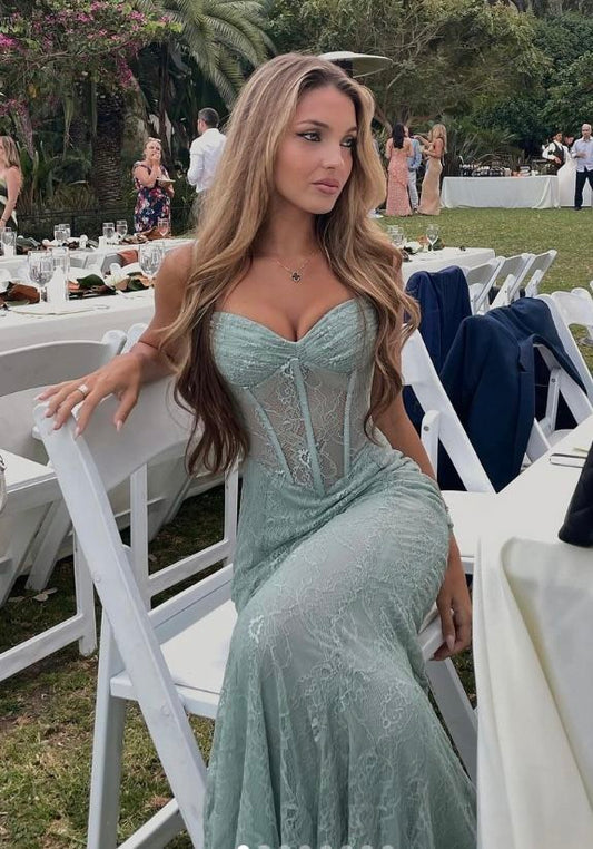Sexy Mermaid Lace Green Long Birthday Dress Prom Dress Baddie Summer Birthday Outfit DP1056