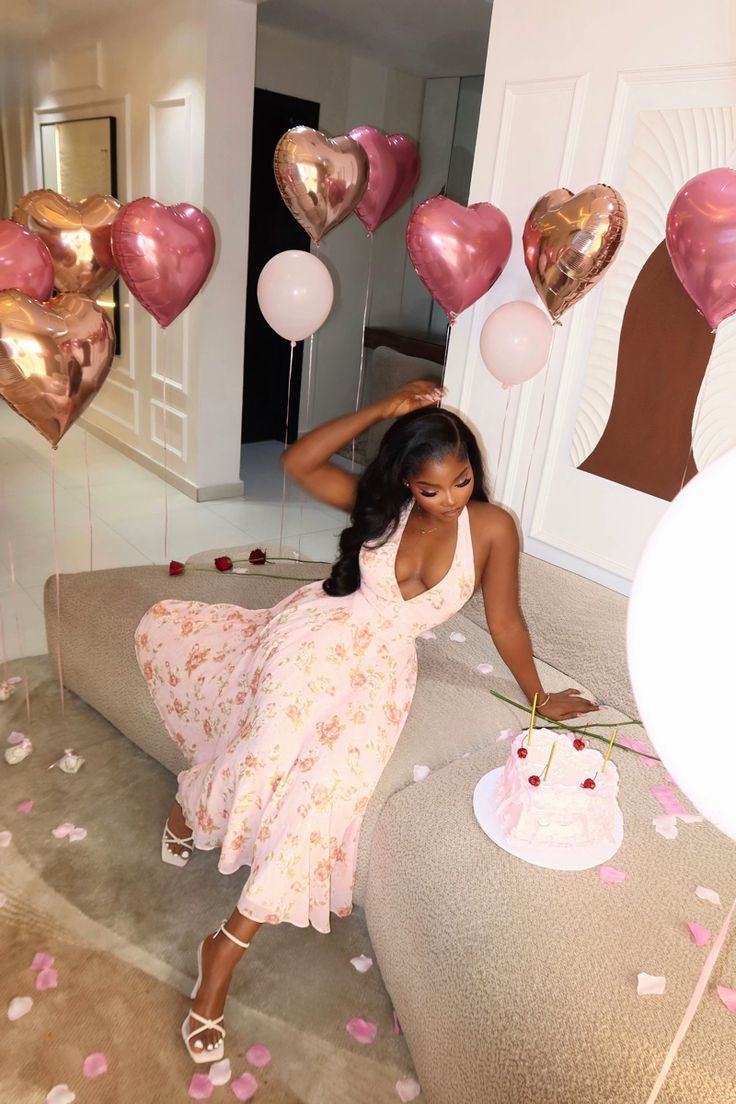 Cute A line V Neckline Floral Satin Long Birthday Dress Prom Dress Baddie Summer Birthday Outfit DP1068