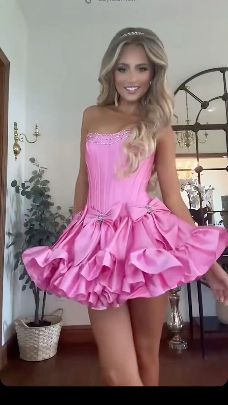 Sexy Ball Gown Strapless Pink Satin Short Summer Birthday Dress Hoco Dress Birthday Outfit 18th Birthday Mini Party Dresses DP1078