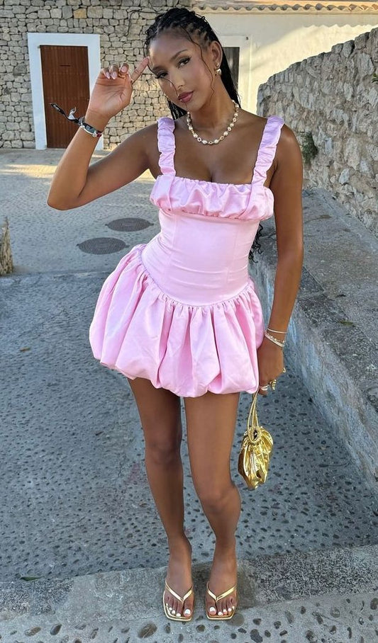 Sexy A Line Square Neckline Pink Satin Short Summer Birthday Dress Hoco Dress Birthday Outfit 18th Birthday Mini Party Dresses DP1080