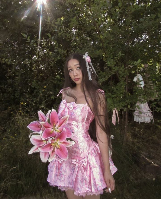 Sexy A Line Spaghetti Straps Floral Pink Satin Short Summer Birthday Dress Hoco Dress Birthday Outfit 18th Birthday Mini Party Dresses DP1084