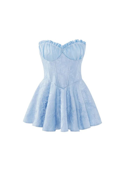 Cute A line Strapless Blue Lace Short Summer Birthday Dress Hoco Dress Birthday Outfit 18th Birthday Mini Party Dresses DP1087