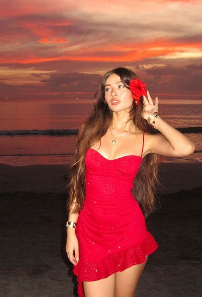 Sexy Sheath Spaghetti Straps Red Sequin Short Summer Birthday Dress Hoco Dress Birthday Outfit 18th Birthday Mini Party Dresses DP1089