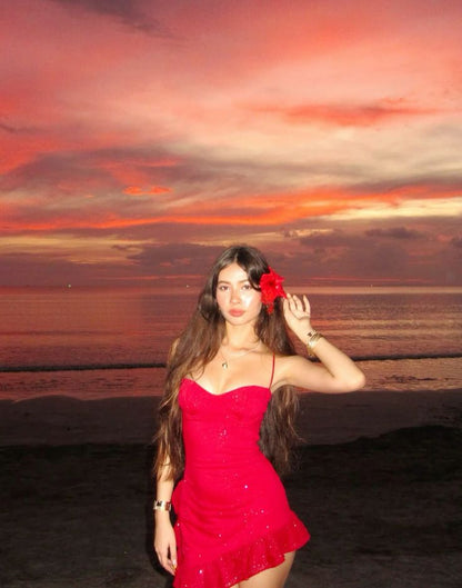 Sexy Sheath Spaghetti Straps Red Sequin Short Summer Birthday Dress Hoco Dress Birthday Outfit 18th Birthday Mini Party Dresses DP1089