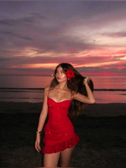 Sexy Sheath Spaghetti Straps Red Sequin Short Summer Birthday Dress Hoco Dress Birthday Outfit 18th Birthday Mini Party Dresses DP1089