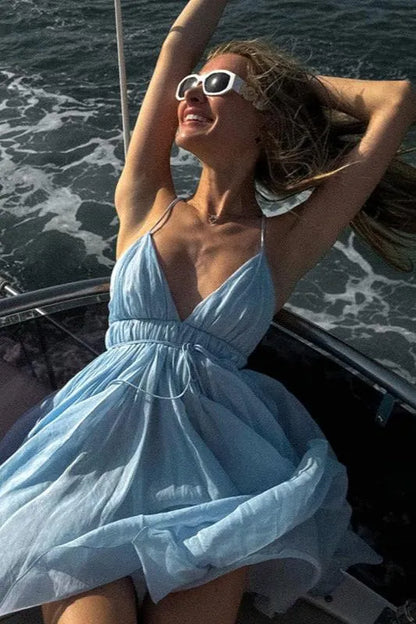 Sexy A line Spaghetti Straps Blue Backless Short Summer Birthday Dress Hoco Dress Birthday Outfit 18th Birthday Mini Party Dresses DP1094