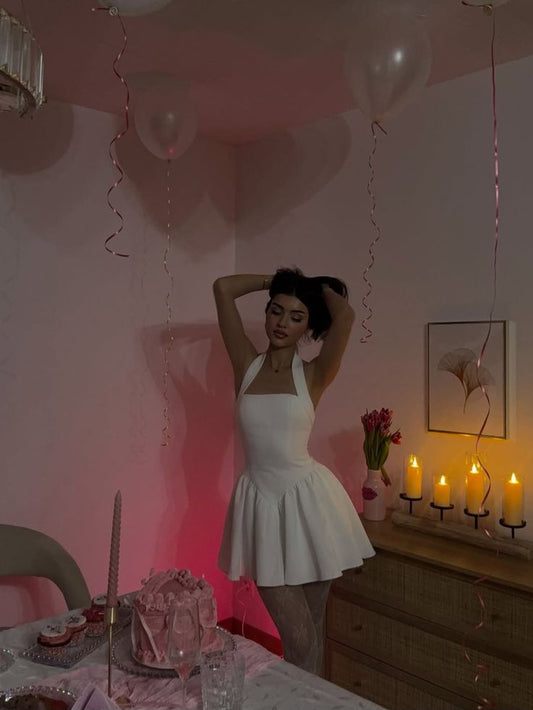 Pretty A line Halter White Satin Short Summer Birthday Dress Hoco Dress Birthday Outfit 19th Birthday Mini Party Dresses DP1110