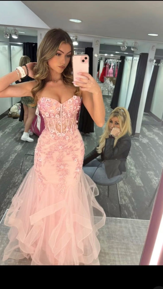 Elegant Mermaid Sweetheart Lace Pink Long Birthday Dress Prom Dress Baddie Summer 20th Birthday Outfit DP1131