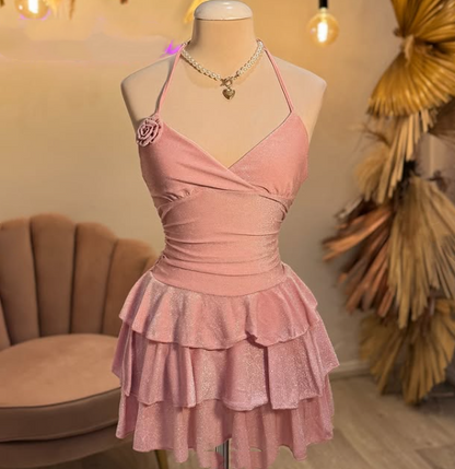 Cute A line Spaghetti Straps Sequin Pink Short Summer Birthday Dress Hoco Dress Birthday Outfit 21st Birthday Mini Party Dresses DP1134