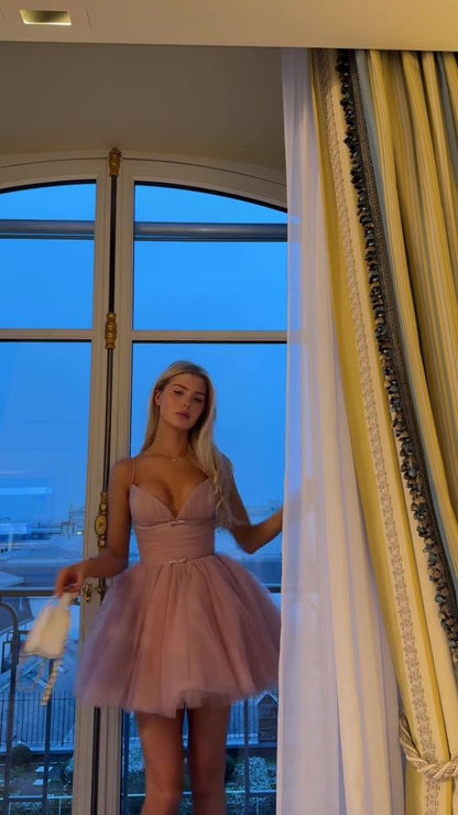 Cute Ball Gown Spaghetti Straps Pink Short Summer Birthday Dress Hoco Dress Birthday Outfit 19th Birthday Mini Cocktail Dresses DP1135