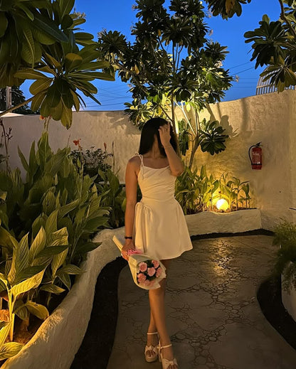 Cute A line Spaghetti Straps White Satin Short Summer Birthday Dress Hoco Dress Birthday Outfit 21st Birthday Mini Party Dresses DP1149