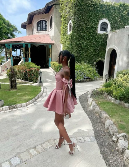 Pretty A line Off The Shoulder Pink Satin Summer Birthday Dress Hoco Dress Birthday Outfit 19th Birthday Mini Cocktail Dresses DP1156