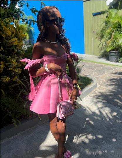 Pretty A line Off The Shoulder Pink Satin Summer Birthday Dress Hoco Dress Birthday Outfit 19th Birthday Mini Cocktail Dresses DP1156