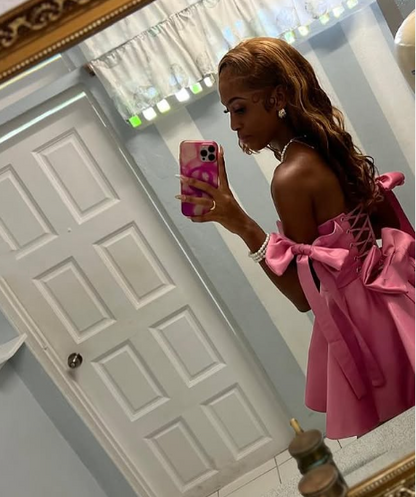 Pretty A line Off The Shoulder Pink Satin Summer Birthday Dress Hoco Dress Birthday Outfit 19th Birthday Mini Cocktail Dresses DP1156