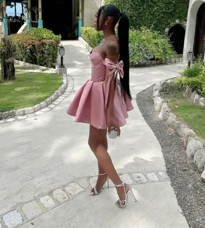 Pretty A line Off The Shoulder Pink Satin Summer Birthday Dress Hoco Dress Birthday Outfit 19th Birthday Mini Cocktail Dresses DP1156