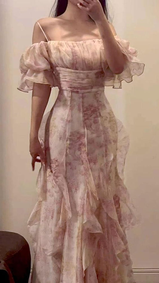 Stunning Sheath Spaghetti Straps Pink Floral Long 21st Birthday Dress Party Dress Birthday Outfit DP1157