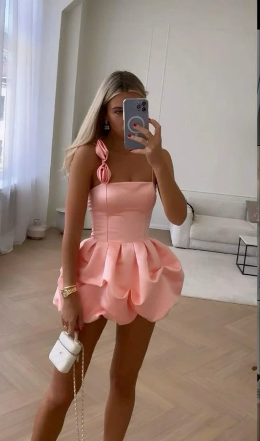 Sexy Sheath Spaghetti Straps Pink Satin Short Summer Birthday Dress Hoco Dress Birthday Outfit 18th Birthday Mini Party Dresses DP1167