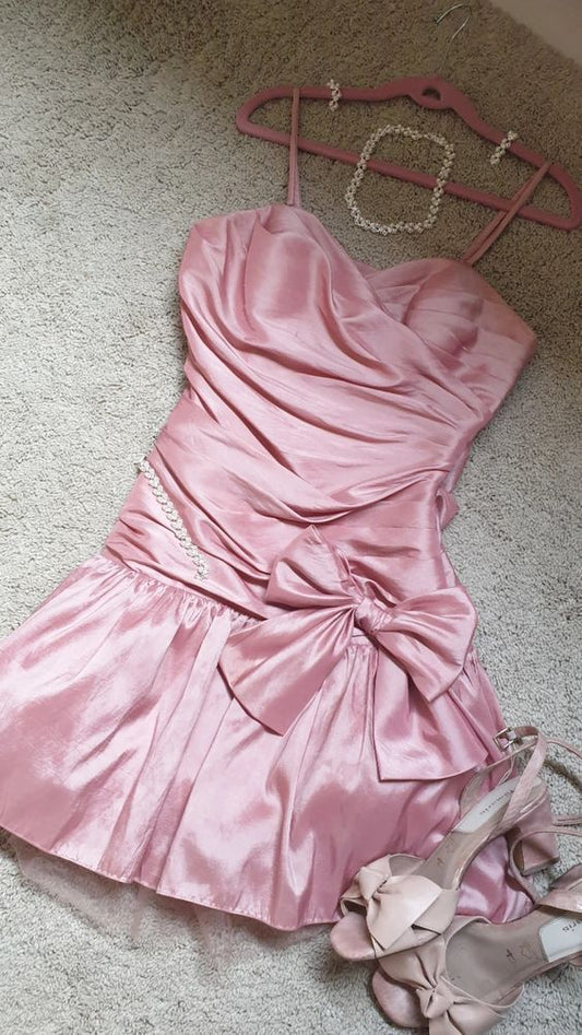 Sexy Sheath Spaghetti Straps Pink Satin Short Summer Birthday Dress Hoco Dress Birthday Outfit 18th Birthday Mini Party Dresses DP1170