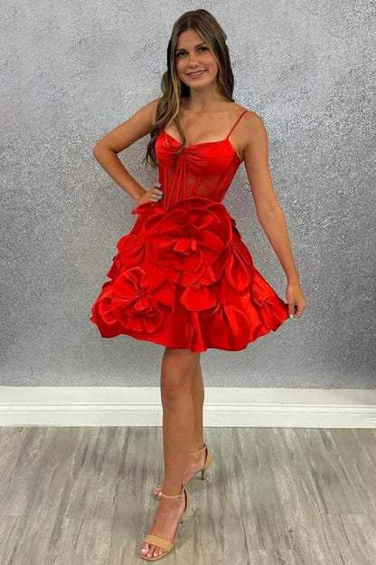 Sexy Ball Gown Spaghetti Straps Satin Pink Short Summer 20th Birthday Dress Hoco Dress Birthday Outfit 18th Birthday Mini Party Dresses DP1172