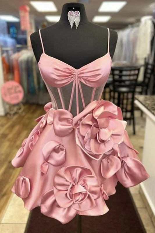 Sexy Ball Gown Spaghetti Straps Satin Pink Short Summer 20th Birthday Dress Hoco Dress Birthday Outfit 18th Birthday Mini Party Dresses DP1172
