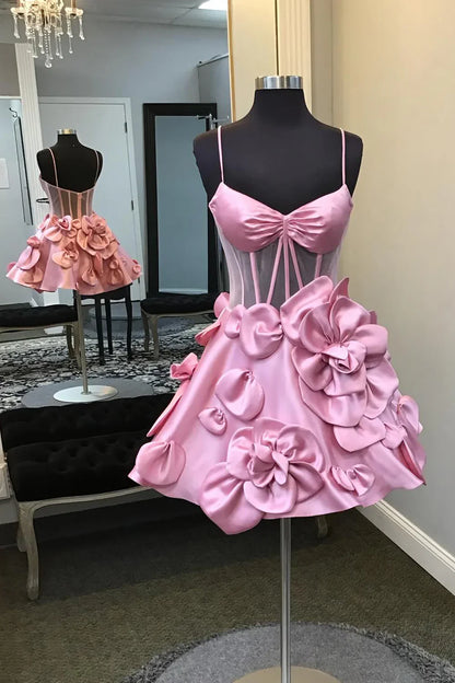 Sexy Ball Gown Spaghetti Straps Satin Pink Short Summer 20th Birthday Dress Hoco Dress Birthday Outfit 18th Birthday Mini Party Dresses DP1172