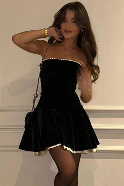 Pretty A line Strapless Black Velvet Sleeveless Summer Birthday Dress Hoco Dress Birthday Outfit 19th Birthday Mini Cocktail Dresses DP1174