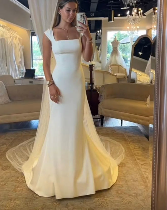 Vintage Bridal Gown Mermaid Square White Satin Wedding Dresses Minimalist Bridal Gowns DP1205