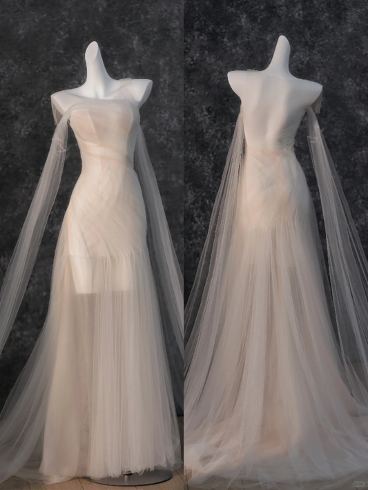 Vintage Bridal Gown Mermaid Strapless White Tulle Long Sleeves Wedding Dresses Minimalist Bridal Gowns DP1207