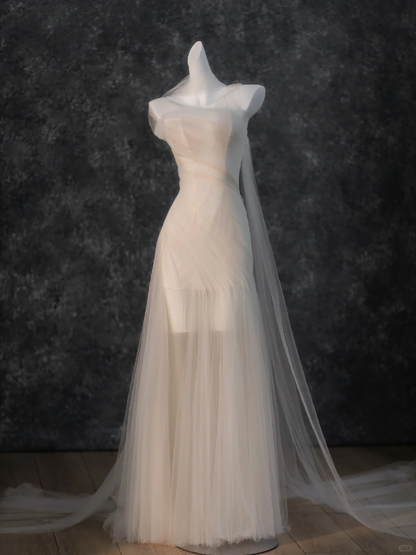 Vintage Bridal Gown Mermaid Strapless White Tulle Long Sleeves Wedding Dresses Minimalist Bridal Gowns DP1207