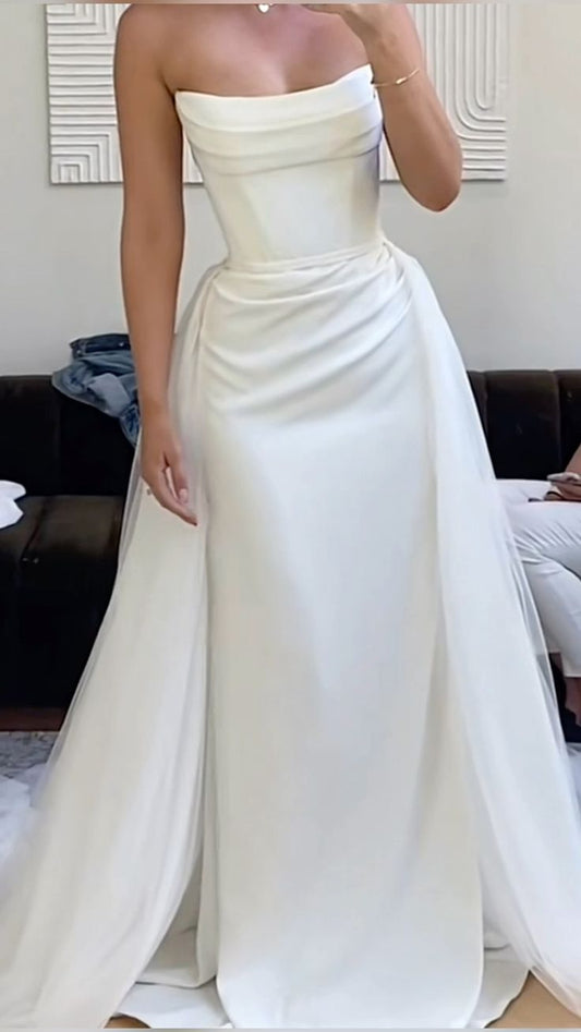 Vintage Bridal Gown Sheath Strapless White Satin Long Wedding Dresses Minimalist Bridal Gowns DP1213
