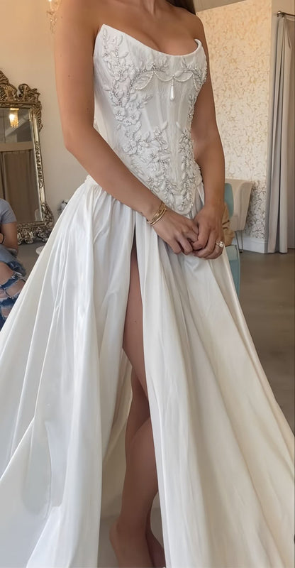 Romantic Bridal Gown A line Sweetheart Satin White Slit Wedding Dresses Minimalist Bridal Gowns DP1214