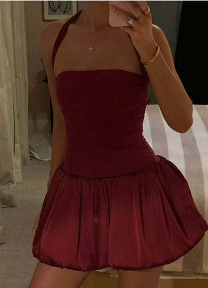 Simple A Line Halter Burgundy Satin Short Summer Birthday Dress Hoco Dress Birthday Outfit 16th Birthday Mini Party Dresses DP1235