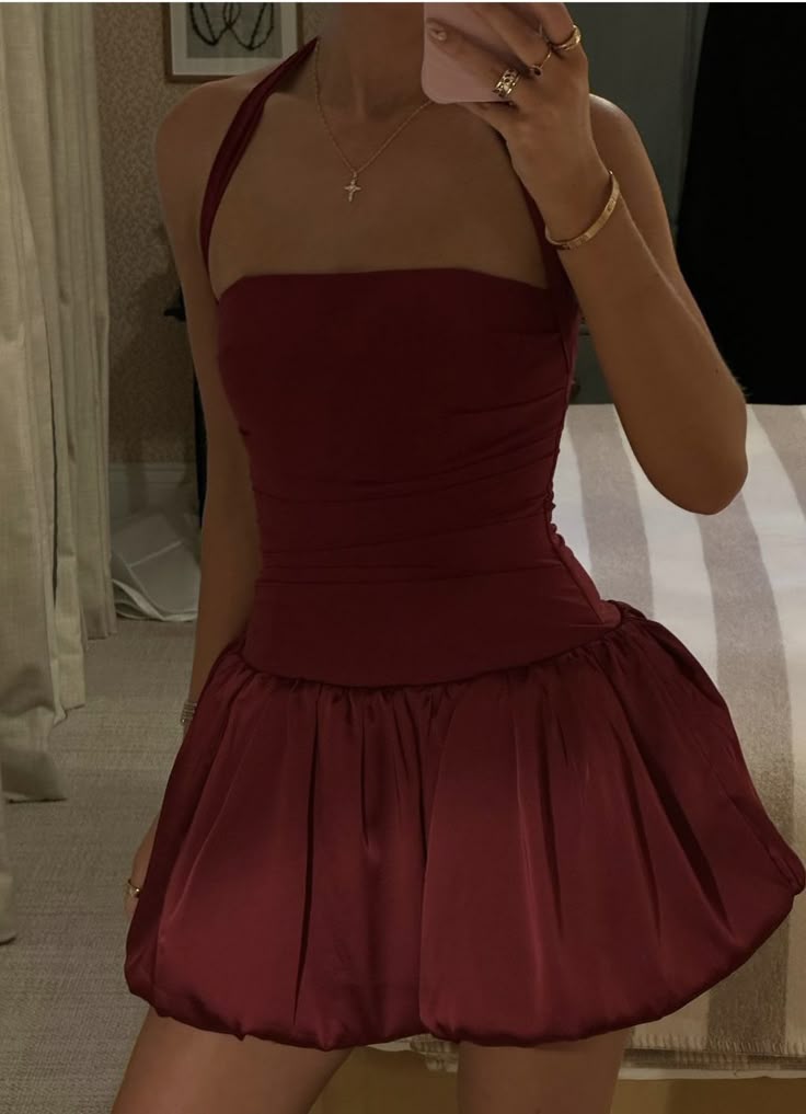 Simple A Line Halter Burgundy Satin Short Summer Birthday Dress Hoco Dress Birthday Outfit 16th Birthday Mini Party Dresses DP1235