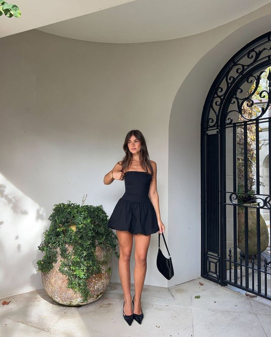 Pretty A line Strapless Satin Black Summer Birthday Dress Hoco Dress Birthday Outfit 19th Birthday Mini Cocktail Dresses DP1238