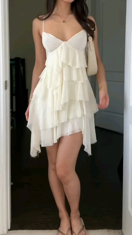 Simple A Line Spaghetti Straps Chiffon White Ruffles Short Summer Birthday Dress Hoco Dress Birthday Outfit 18th Birthday Mini Party Dresses DP1242