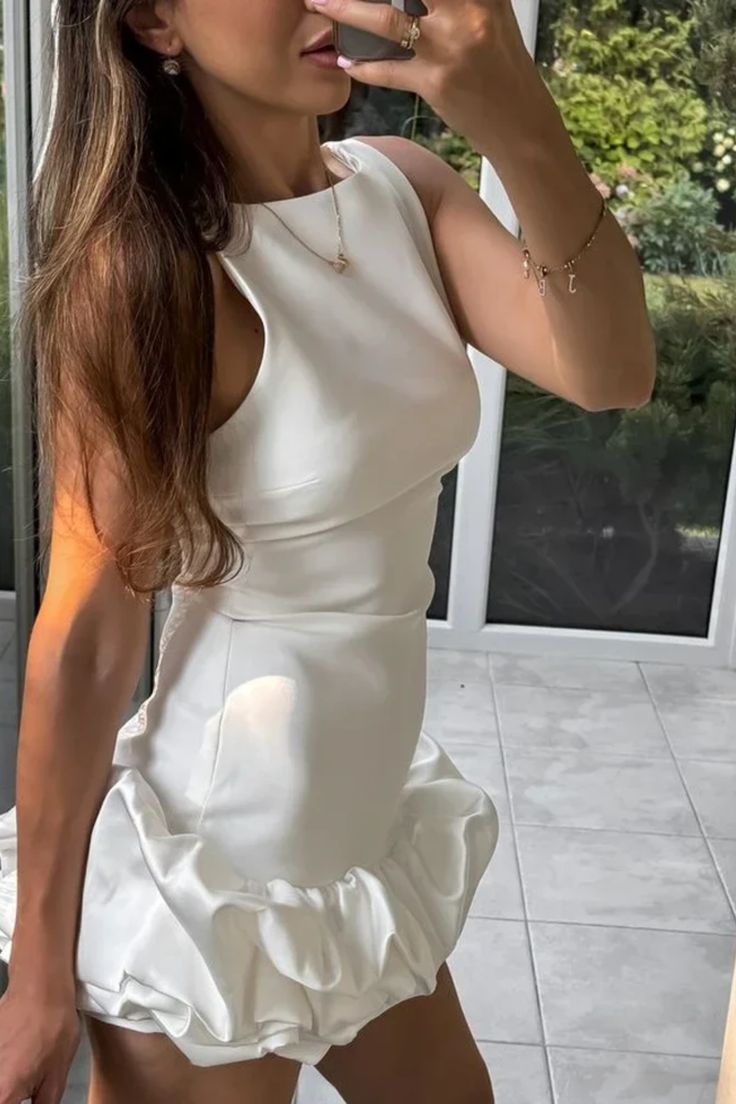 Simple A Line Scoop White Satin Short Summer Birthday Dress Hoco Dress Birthday Outfit 16th Birthday Mini Party Dresses DP1253