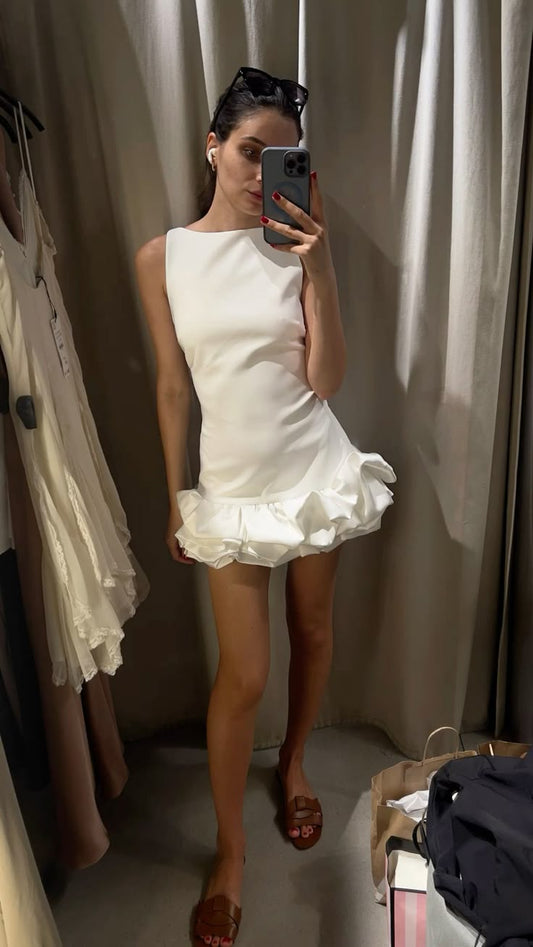 Simple A Line White Satin Short Summer Birthday Dress Hoco Dress Birthday Outfit 16th Birthday Mini Party Dresses DP1273