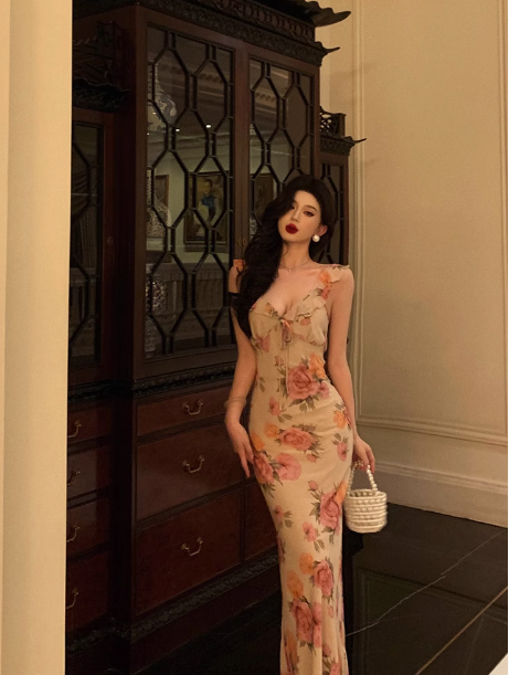 Elegant Mermaid Pink Floral Chiffon 18th Birthday Dress Party Gown Birthday Outfits Birthday Dress Ideas For Women DP1283