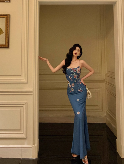 Elegant Mermaid Blue Floral Sleeveless 21st Birthday Dress Party Gown Birthday Outfits Birthday Dress Ideas For Women DP1287
