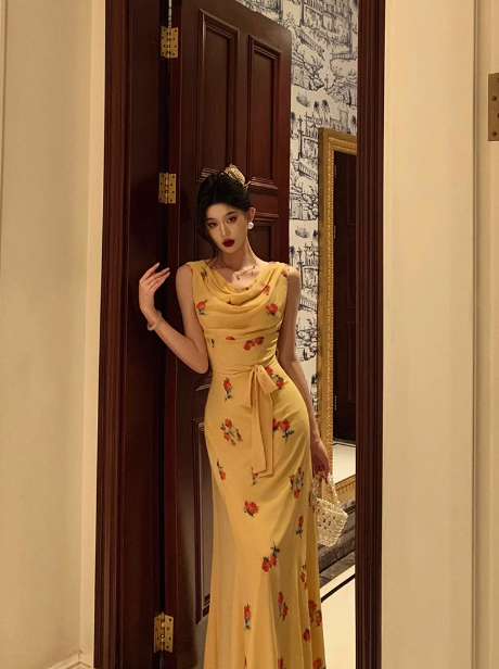 Classy Mermaid Yellow Floral Long 18th Birthday Dress Party Gown 21st Birthday Outfits Birthday Dress Ideas For Women DP1293